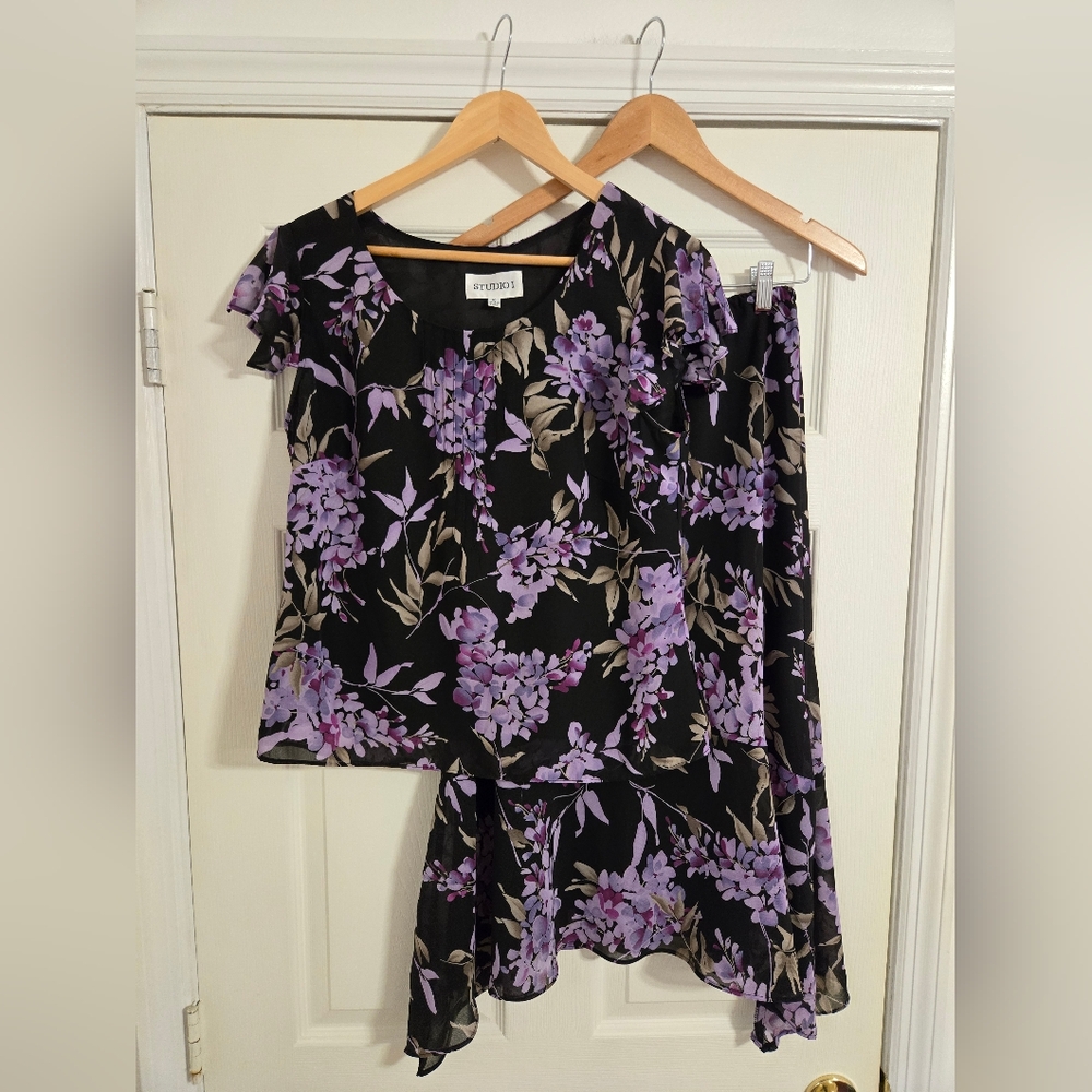 Studio 1 Black And Purple Floral Top And Skirt Set Size 10